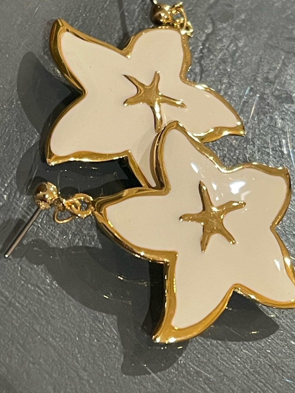 Trifari Cream Enamel Starflower Drop Earrings with Gold Trim